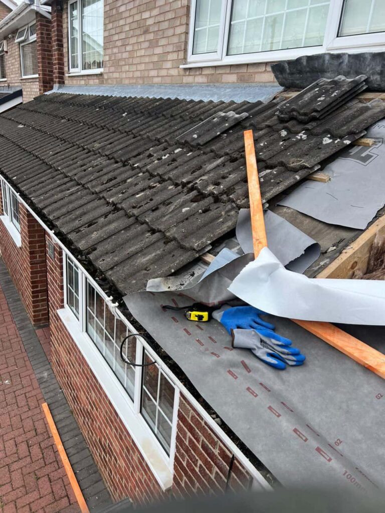 This is a photo of a pitched roof which is being repaired. The existing roof was leaking badly. Works carried out by Erith Roofing Repairs